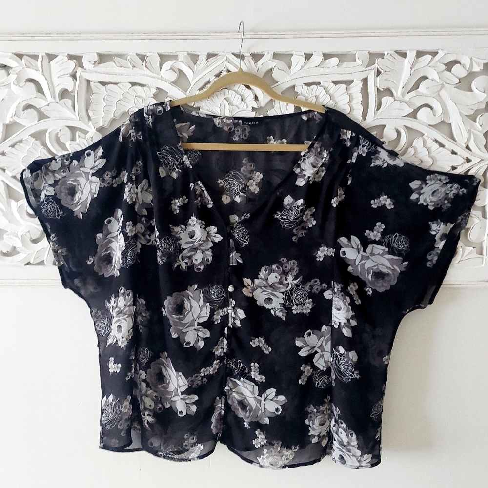 Torrid 3 Black Floral Sheer Chiffon Blouse - 3x Plus Size